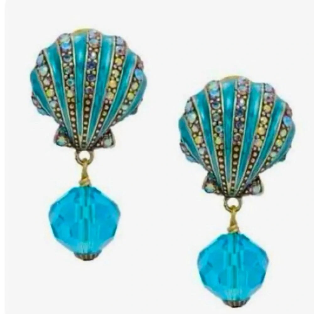 NWOT Heidi Daus Elegant Crystal and Enamel Blue Shell Omega Back Earrings - Picture 1 of 8